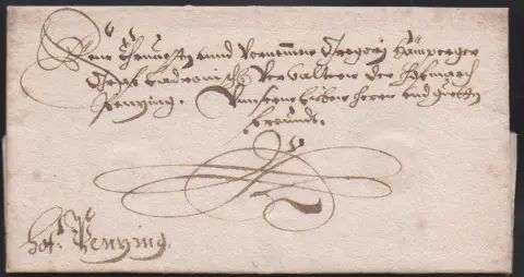 "München", 1689, dekorativer Schnörkel-Altbrief mit Inhalt nach Penzing