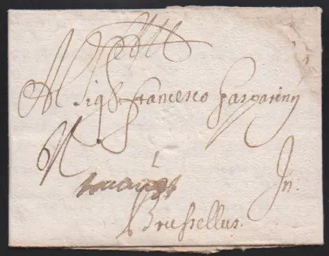 "München", 1697, früher, mit der Post (franco Augsburg) beförderter Brief nach Brüssel, leichte Altersmgl.