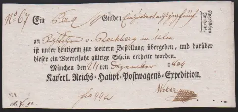 "München", 1804, Ortsdruck-Postschein "Kaiserl. Reichs-Haupt-Postwagens-Expedition"