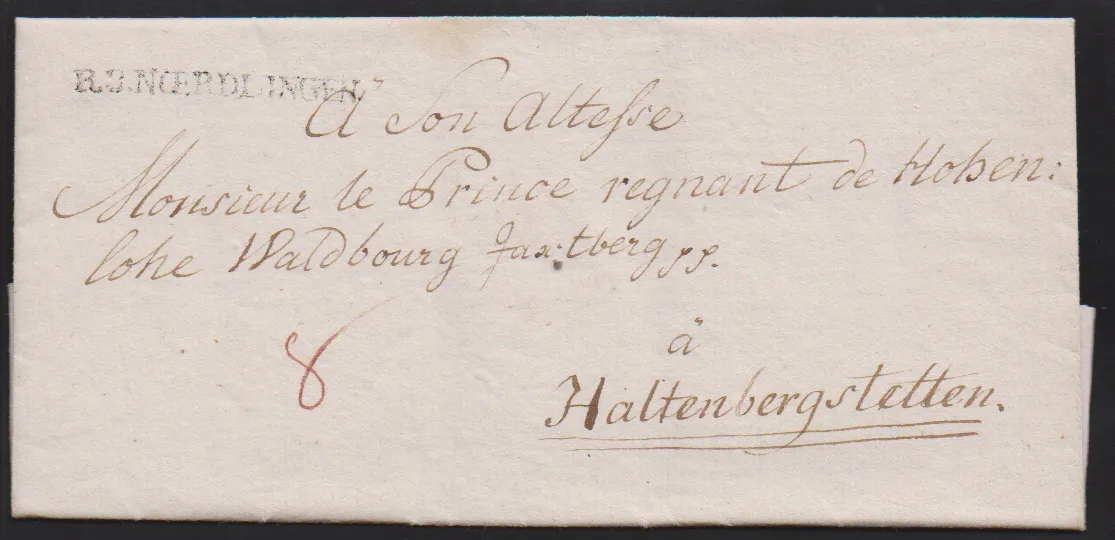 "Nördlingen", 1792, eerste L1 "V. NORDLINGEN" op brief naar Würzburg, plus adelbrief 1803 uit Wallerstein met L1 "R.3.NOERDLINGEN", Feuser 2526-1, -4