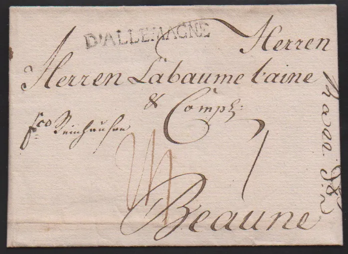"Nürnberg", 1784/85, two foreign letters "franco Coblentz" resp. "fco. Cöllen" depending on Hodimont/Belgium, plus letter 1799 with L1 "D' ALLEMAGNE" to Beaune and…