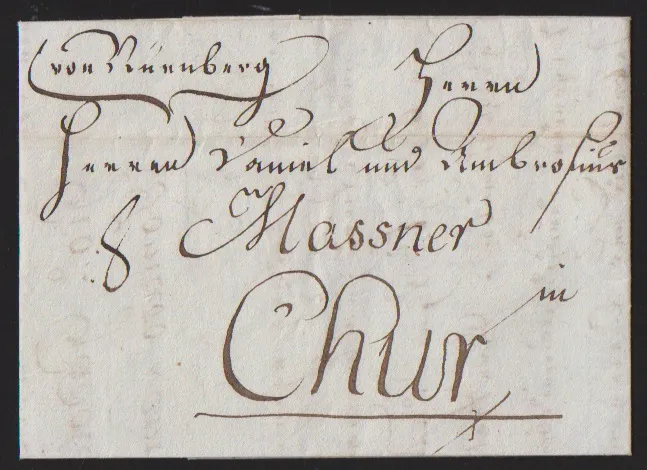 "Nürnberg", 1795, ms. posting on letter to Chur, plus three letters 1796 ("Nurnberg"), 1803 ("V. NURNBERG") and 1805 ("R.3. Nurnberg") each with L1, Feuser…