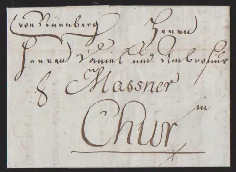 "Nürnberg", 1795, dépôt ms. sur lettre pour Coire, ainsi que trois lettres 1796 ("Nurnberg"), 1803 ("V. NURNBERG") et 1805 ("R.3. Nurnberg") chacune avec L1, Feuser…