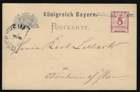 "Odernheim", Aushilfs-L2, et "Odenbach", Aushilfs-L1, sur deux cartes entières 5 Pfg. 1887/89