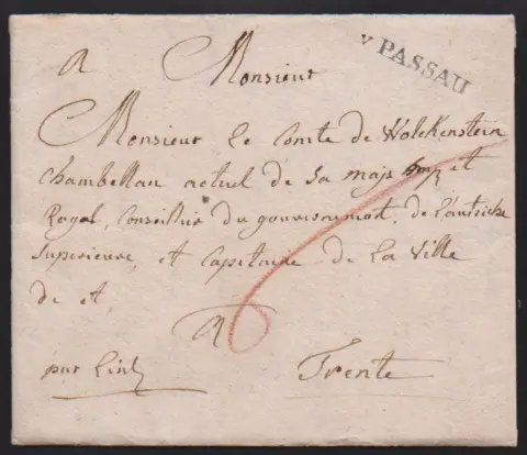 "Passau", 1786/99, les deux types du L1 "V. PASSAU" sur deux lettres pour Prague et Trente, 2699-1, -2