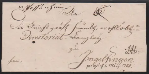 "Possenheim", 1788, mention manuscrite "v. Possenheim" sur lettre, et premier L1 clair "POSSENHEIM.R.3" sur enveloppe noble (1803)