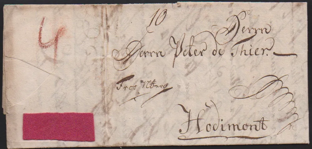 "Regensburg", 1781, foreign letter "Frco Nberg" to Hodimont with attached fabric sample