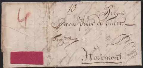 "Regensburg", 1781, lettre pour l'étranger "Frco Nberg" pour Hodimont avec échantillon de tissu collé