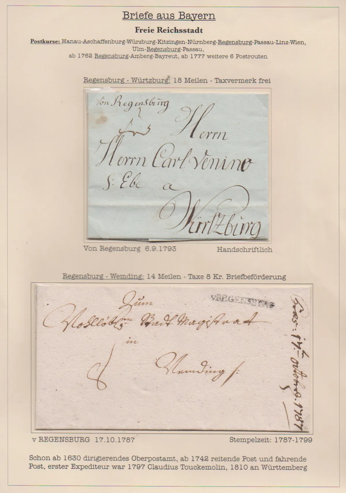 "Regensburg", 1793, mention manuscrite "v. Regensburg" sur lettre, et premier L1 "V. REGENSBURG" sur lettre 1787 et second L1 "REGENSPURG" sur deux lettres…