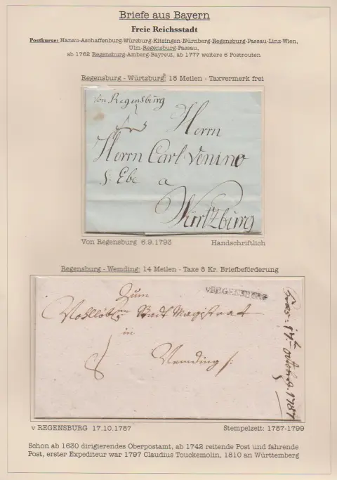 "Regensburg", 1793, mention manuscrite "v. Regensburg" sur lettre, et premier L1 "V. REGENSBURG" sur lettre 1787 et second L1 "REGENSPURG" sur deux lettres…