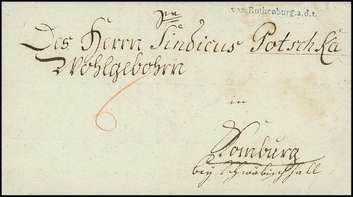 "Rothenburg ob der Tauber", 1785, handwritten marking "de Rothenburg", and 1796 the rare first L1 "von Rothenburg a.d.t." (Feuser 800,-), on two...
