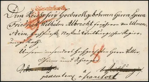 "Schweinfurth", 1793, L1 rouge "V. Schweinfurth" sur lettre de noblesse avec réexpédition et contenu, ainsi que sur une autre lettre, Feuser 3269-5, 300,- chacune