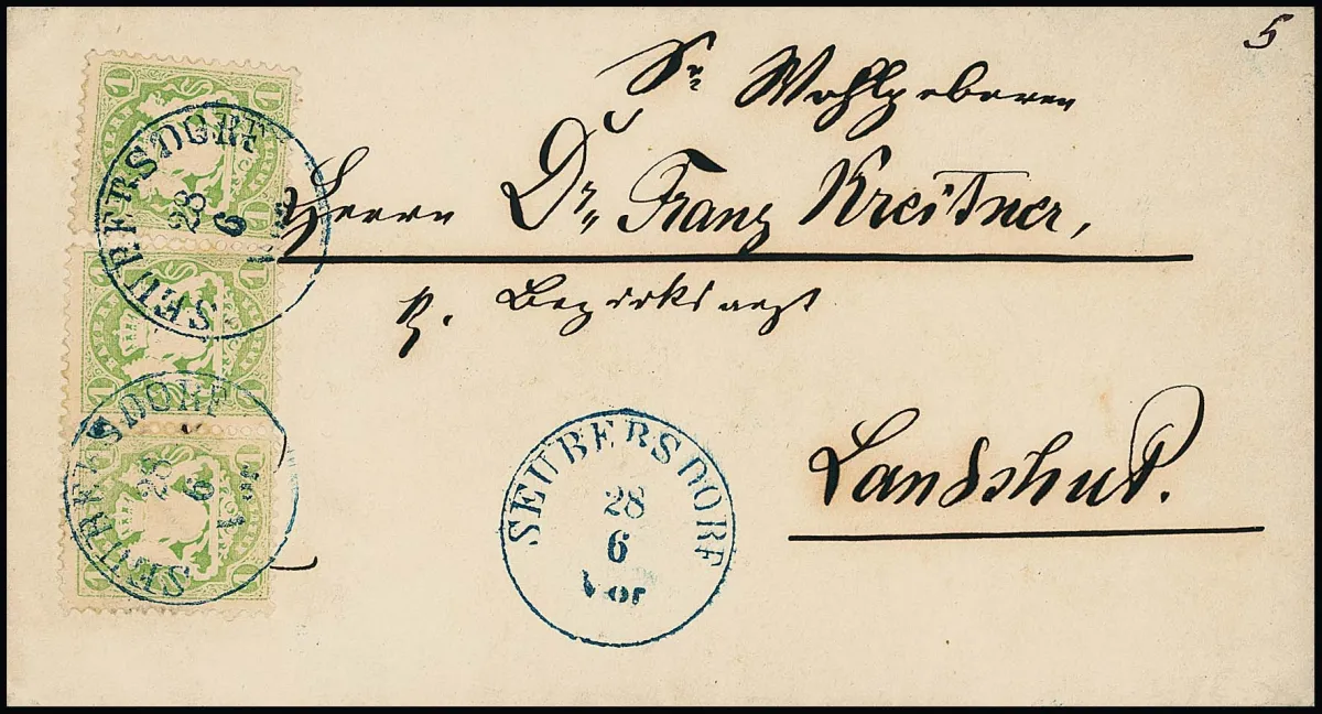 "Seubersdorf", good blue K1 clearly on cabinet cover with pair and single 1 Kr. light green, signed Brettl