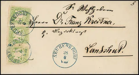 "Seubersdorf", bon K1 bleu clair sur enveloppe de cabinet avec paire et pièce unique 1 Kr. vert clair, signé Brettl