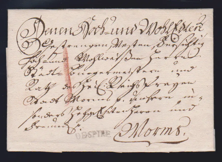 "Speyer", 1704, sehr frühe handschriftliche postalische Rötelaufgabe "de Spire" auf Brief nach Heidelberg, ferner der sehr seltene erste L1 "SPIRE" (Länge…