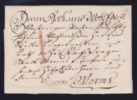 "Speyer", 1704, très ancienne mention postale manuscrite à la sanguine "de Spire" sur lettre pour Heidelberg, ainsi que le très rare premier L1 "SPIRE" (longueur...