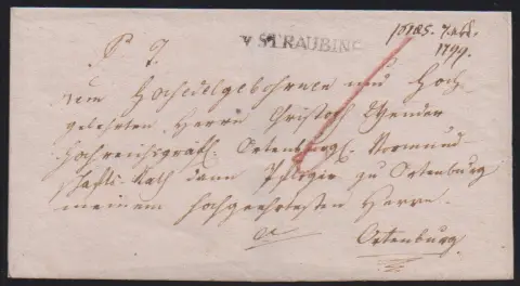 "Straubing", 1799, L1 "v. STRAUBING" sur lettre datable