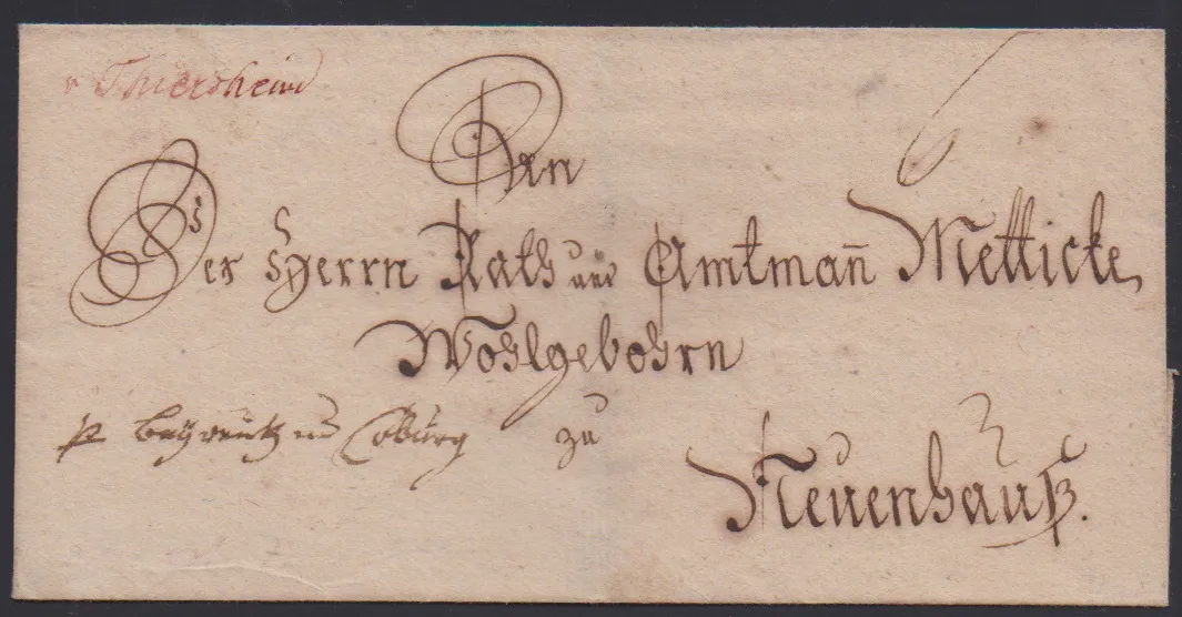 "Thiersheim", (1792), handwritten red ink marking "v. Thiersheim" on letter cover