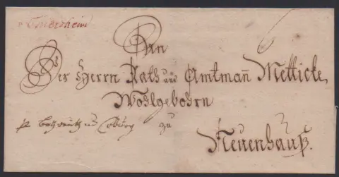 "Thiersheim", (1792), mention manuscrite à l'encre rouge "v. Thiersheim" sur enveloppe