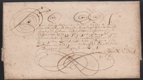 "Wasserburg", 1637, lettre ancienne décorative à volutes avec contenu pour Penzing