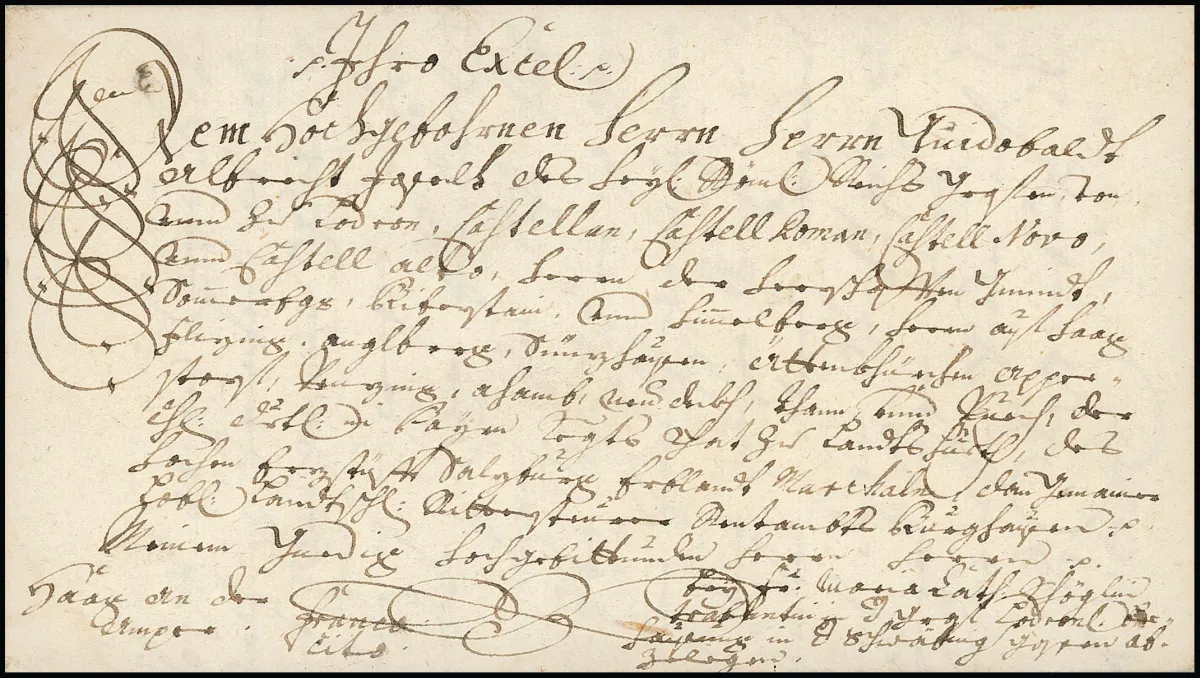 "Wasserburg", 1716, ten calligraphically particularly beautifully addressed flourish letters with multi-line address of submission to Count Guidobald Joseph von Lodron at Haag Castle (an der Amper), each with decorative content