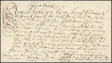 "Wasserburg", 1716, dix lettres à volutes calligraphiées particulièrement belles avec adresse de soumission de plusieurs lignes au comte Guidobald Joseph von Lodron au château Haag (an der Amper), chacune avec contenu décoratif