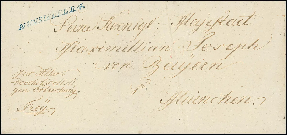 "Wunsiedel R.4.", (1825), L1 bleu sur lettre pliée décorative à "Seine Koenigl. Majestät Maximilian Joseph von Bayern/München"
