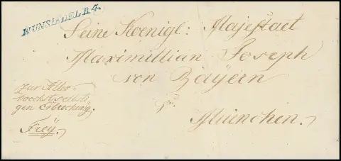 "Wunsiedel R.4.", (1825), L1 bleu sur lettre pliée décorative à "Seine Koenigl. Majestät Maximilian Joseph von Bayern/München"