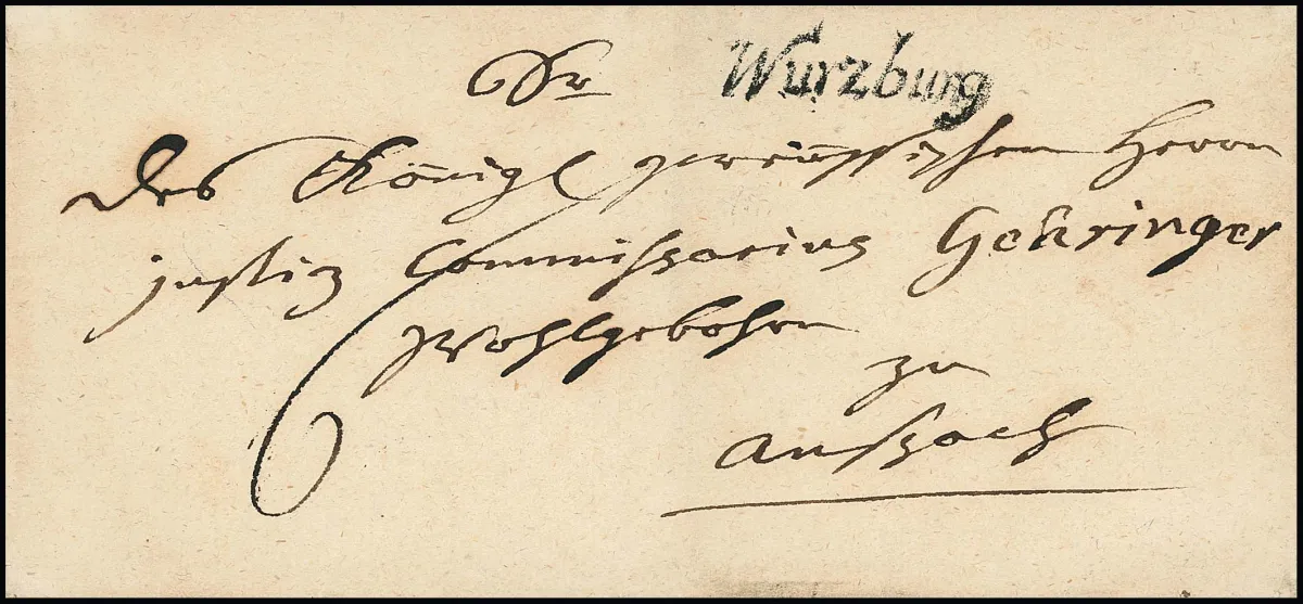 "Würzburg", 1760, dekorativní šlechtický doporučený dopis proti potvrzení do Castell, dále doporučený dopis 1804 s červeným L1 "R.3. Würzburg", a velký speciální typ "Wurzburg" v černé na obálce do Ansbachu (Feuser 4001-2A, samotný 2500,-)