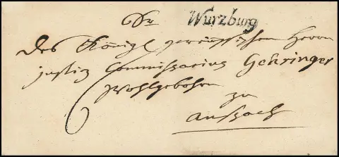"Würzburg", 1760, lettre de noblesse chargée décorative contre récépissé pour Castell, plus lettre chargée 1804 avec L1 rouge "R.3. Würzburg", ainsi que le grand type spécial "Wurzburg" en noir sur enveloppe pour Ansbach (Feuser 4001-2A, seul 2500,-)