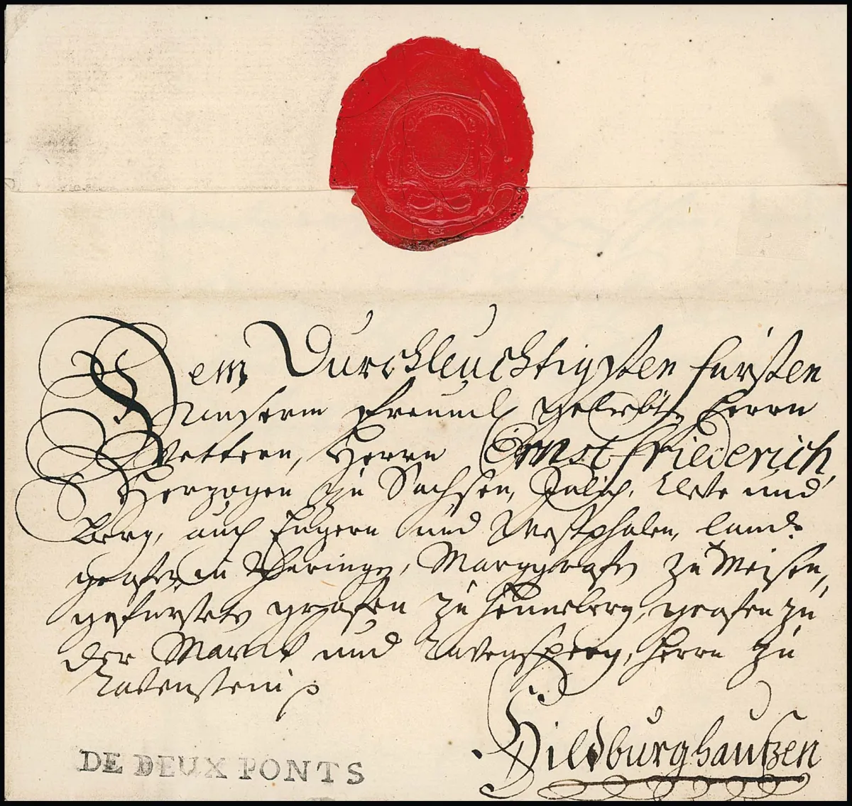 "Zweibrücken", 1741, premier L1 "DE DEUX PONTS" net sur lettre de noblesse à adresse décorative de Ludwig, prince héritier de Hesse, avec signature autographe, à...