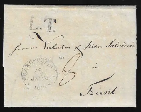 Transit, 1812, "L.T.", grand L1 d'Augsbourg sur lettre de Crefeld via Francfort (vs. K2) pour Trente