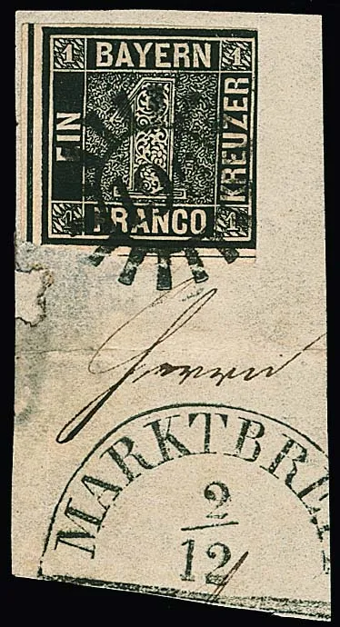1 Kr. deep black, plate II, three sides full to wide margins, cut at right, on piece with gMR "196" and HK "Marktbreit"