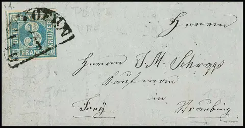3 Kr. bleu, plaque I, sur petite lettre de cabinet avec HK "Gangkofen", signé Pfenninger