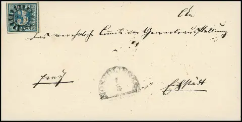 3 Kr. bleu, plaque I, larges marges du bord droit, sur lettre de cabinet fraîche avec gMR centré "241" et HK "Nördlingen" pour Eichstädt, signé Brettl