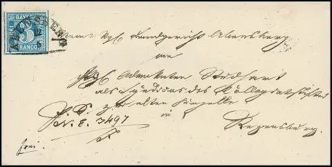 3 Kr. bleu, plaque I, larges marges, avec HK "Abensberg" et trait à la plume noir sur lettre 1850 pour Regensburg