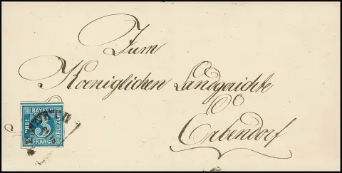 3 Kr. bleu, plaque I, en haut avec double ligne de séparation du centre de la feuille, sur lettre de cabinet avec HK "Kemnath"