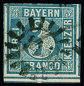 3 Kr. blue, Plate I, at bottom with thick, double separation line, full to wide-margined superb piece with gMR "145" (Ingolstadt) and pen stroke, photo exp. Schmitt. Mi. 400,-