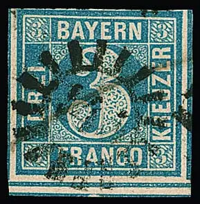3 Kr. bleu, Plaque I, en bas avec double ligne de séparation épaisse, pièce magnifique pleine à large marge avec gMR "145" (Ingolstadt) et trait de plume, photo exp. Schmitt. Mi. 400,-
