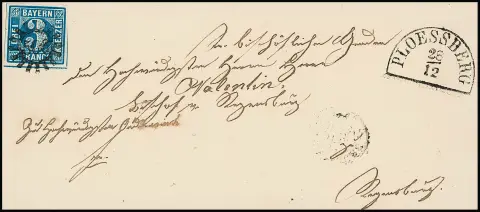 3 Kr. bleu sur lettre cabinet d'évêque avec gMR "506" et HK "Ploessberg" à l'évêque Valentin à Regensburg