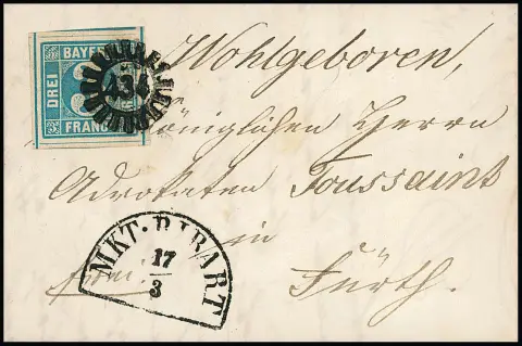 3 Kr. bleu, géant de coupe exceptionnel avec les quatre lignes de coupe complètes ainsi que des parties de timbres voisins sur les quatre côtés, sur lettre cabinet avec gMR "434" et HK "Mkt. Bibart"