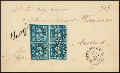 3 Kr. bleu, Plaque 2, quatre exemplaires, anciennement formant un bloc de quatre, deux timbres légèrement touchés, timbres détachés et recollés légèrement décalés, sur lettre chargée bavaroise de Munich 1852 à Ansbach, photo exp. Brettl
