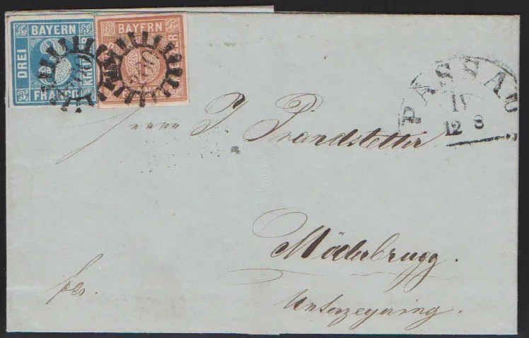 3 Kr. bleu, Plaque II, et 6 Kr. brun, Plaque I, sur lettre cabinet 1851 avec gMR "260" et HK "Passau" vers Möderbrugg près d'Unterzeyring/Autriche, sign. Brettl