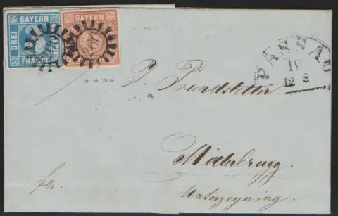 3 Kr. bleu, Plaque II, et 6 Kr. brun, Plaque I, sur lettre cabinet 1851 avec gMR "260" et HK "Passau" vers Möderbrugg près d'Unterzeyring/Autriche, sign. Brettl