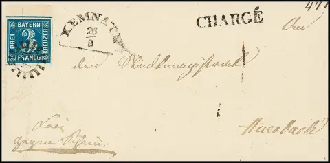 3 Kr. bleu, coins remplis, bord supérieur large, sur lettre chargée de cabinet avec gMR "154" et HK "Kemnath"
