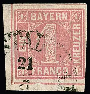 1 Kr. pink, small lower left cabinet sheet corner on rare ribbed paper, photo exp. Sem