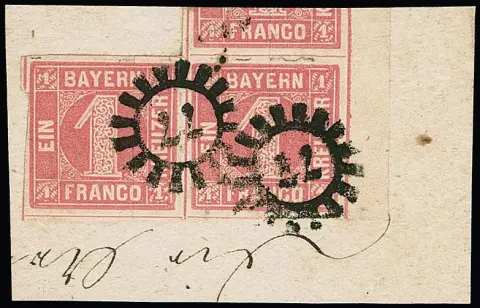 1 Kr. rose, paire avec marges complètes à très larges, large bord droit de feuille sur fragment de lettre de cabinet avec gMR "77"