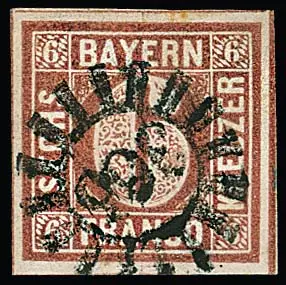 6 Kr. brun, Type I, pièce de cabinet à larges marges avec gMR "366" (Waging), Mi. 300,-