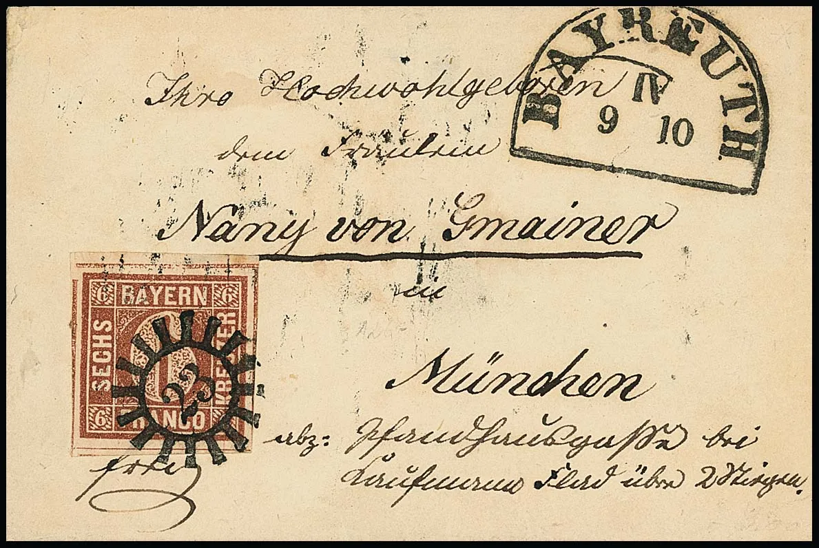 6 Kr. braun, Type I, überrandige kleine rechte obere Bogenecke auf Pracht-Adelscouvert mit gMR "23" und HK "Bayreuth" 1850 nach München, Attest Sem. Mi. 800,-