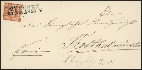 6 Kr. brun, Type I, pleine à larges marges, sur lettre de cabinet avec L2 "München" pour Rotthalmünster. Ce lieu n'avait pas encore de bureau de poste en 1850, donc pour la livraison rurale depuis Karpfheim, le destinataire a payé "botenlohn 3X", certificat Schmitt. Mi. 800,- +